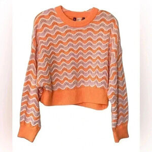 Divided fan / scallop Eyelets knit Cropped Sweater Size Medium orange/pink/white